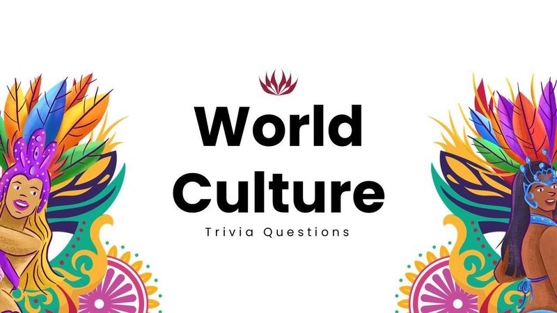 World Culture Trivia with colorful cultural figures, feathers, flowers, and bold centered text.