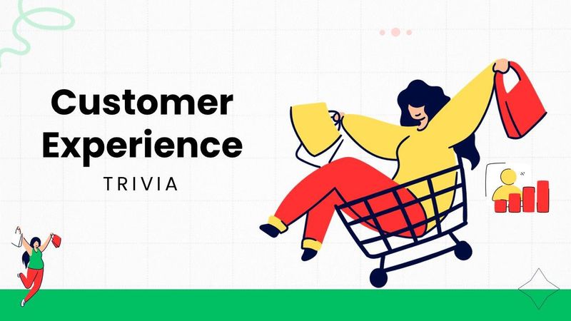 Customer Experience quiz with colorful shopping illustrations, cart, bags, and analytics icon.