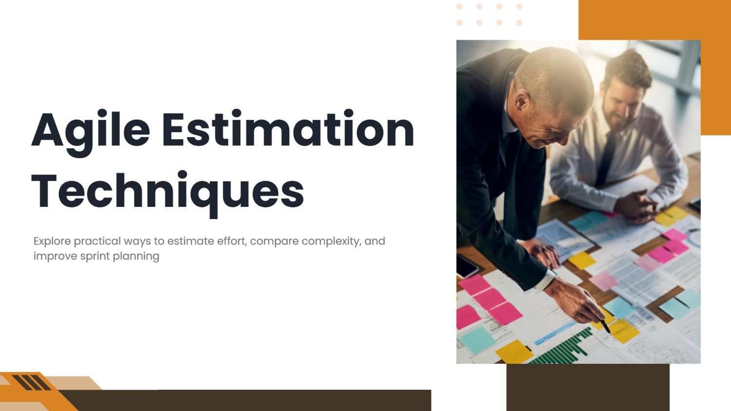 Agile Estimation Techniques with team planning, sticky notes, charts, and orange accents.