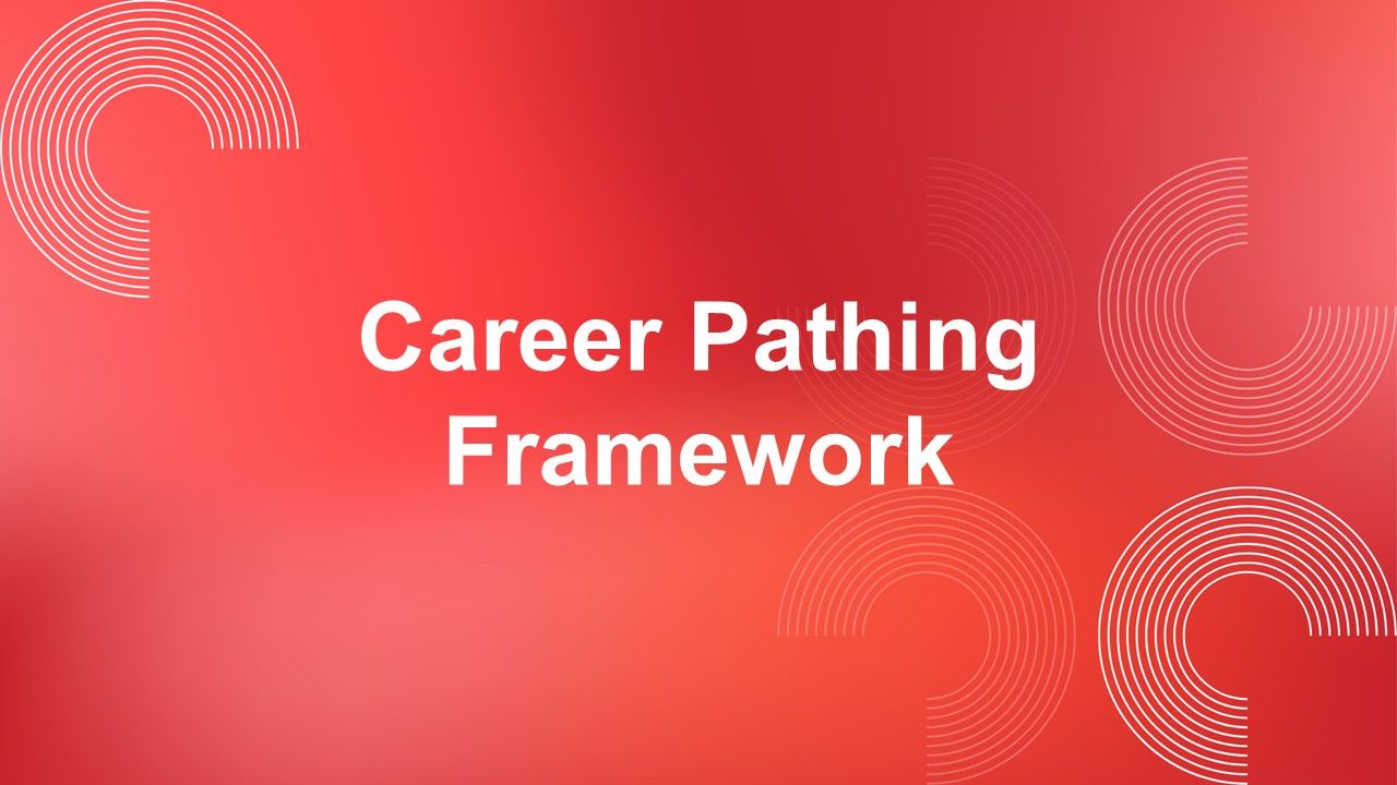 Career pathing framework template with red gradient background, circular line patterns, and emplo...