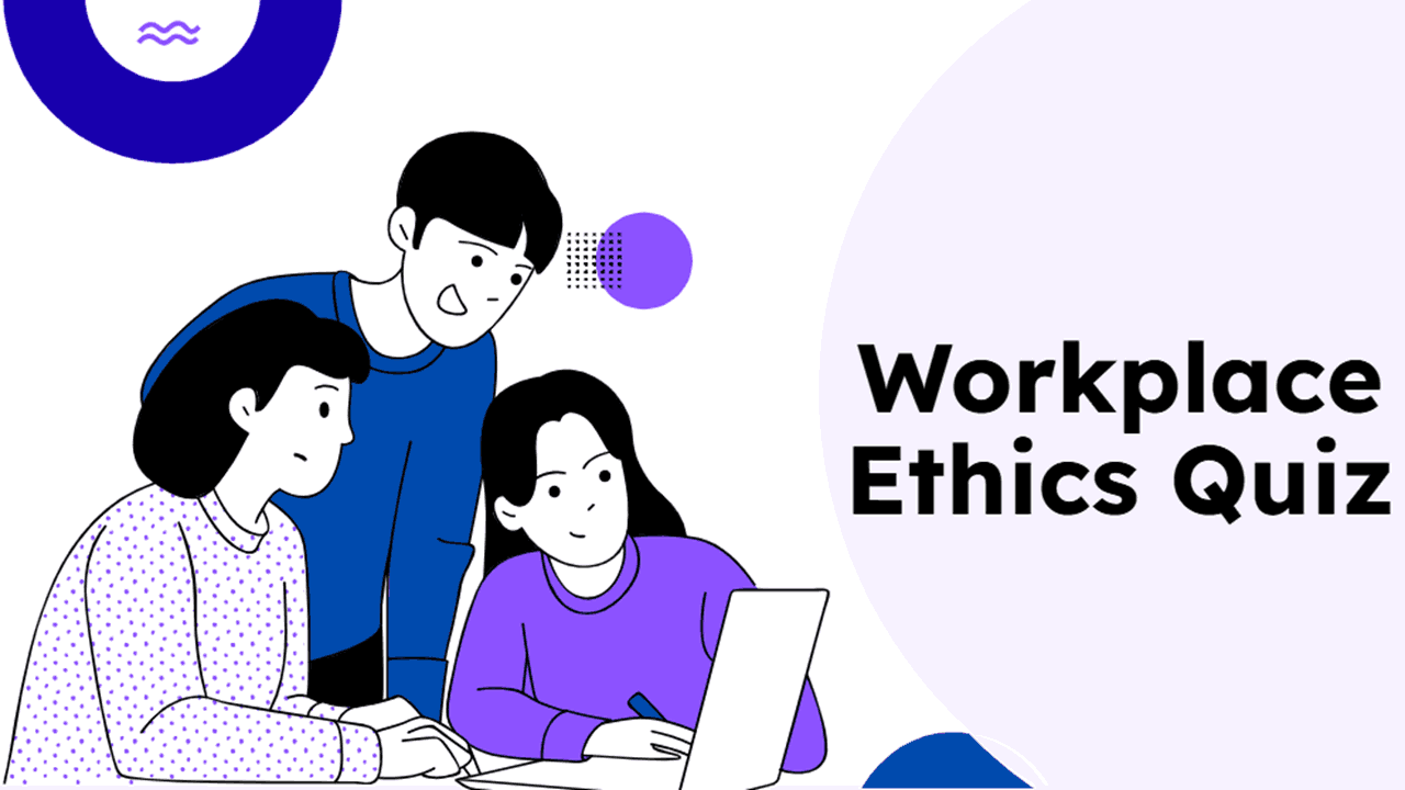 Workplace ethics quiz slide with coworkers, laptop, and professional teamwork theme.