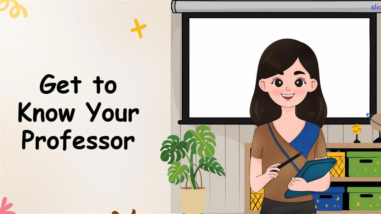 Classroom-themed slide with professor, projector screen, and welcoming educational design.