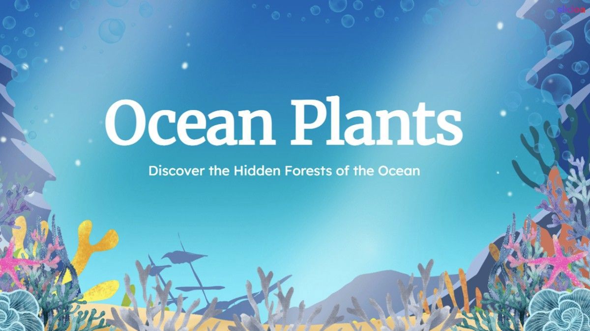 Ocean Plants with coral, seaweed, bubbles, blue ocean background, and white title.