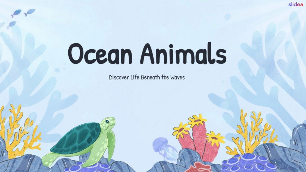Ocean Animals with turtle, jellyfish, coral, reef rocks, blue background, and title.