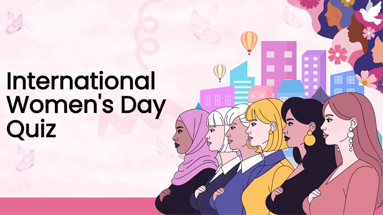 Women's Day quiz slide with diverse women and empowerment-themed illustrations.