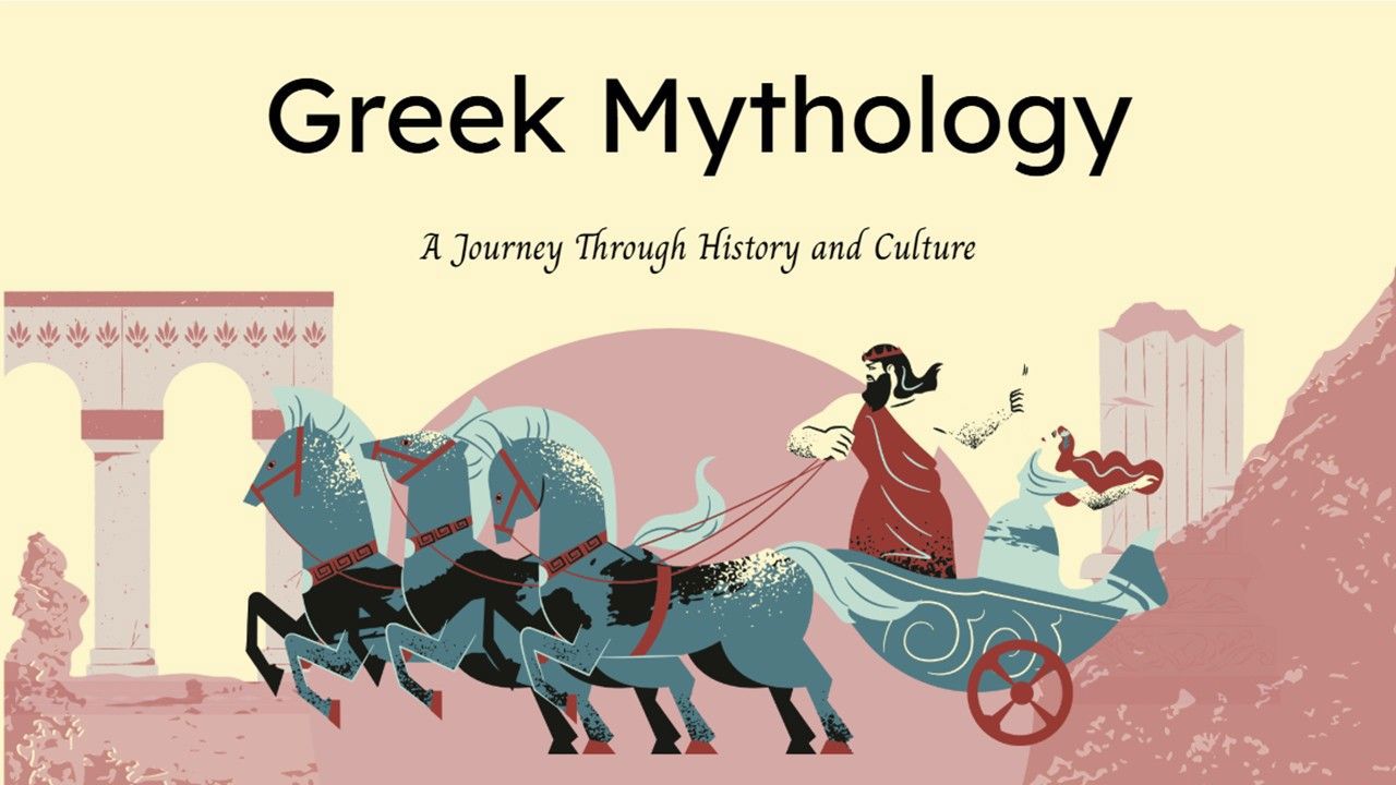 Greek Mythology quiz slide with chariot, horses, and ancient Greek artwork theme.