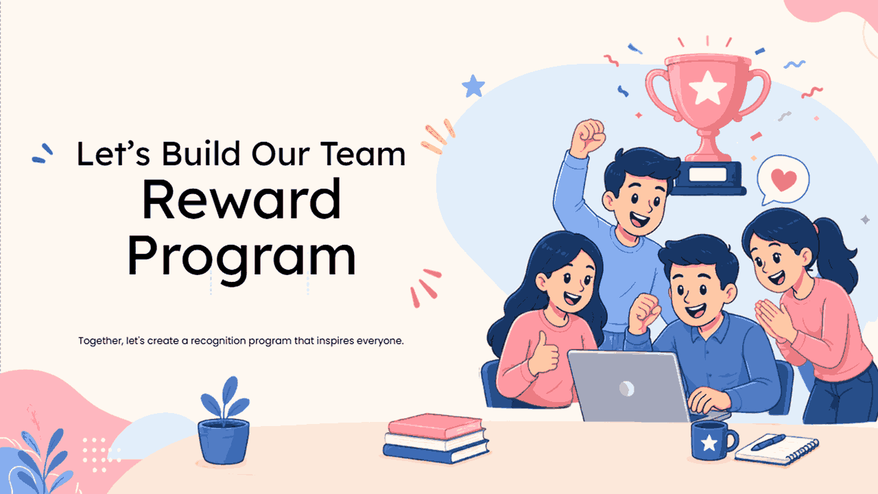 Team reward program slide with employees, trophy, and workplace recognition theme.