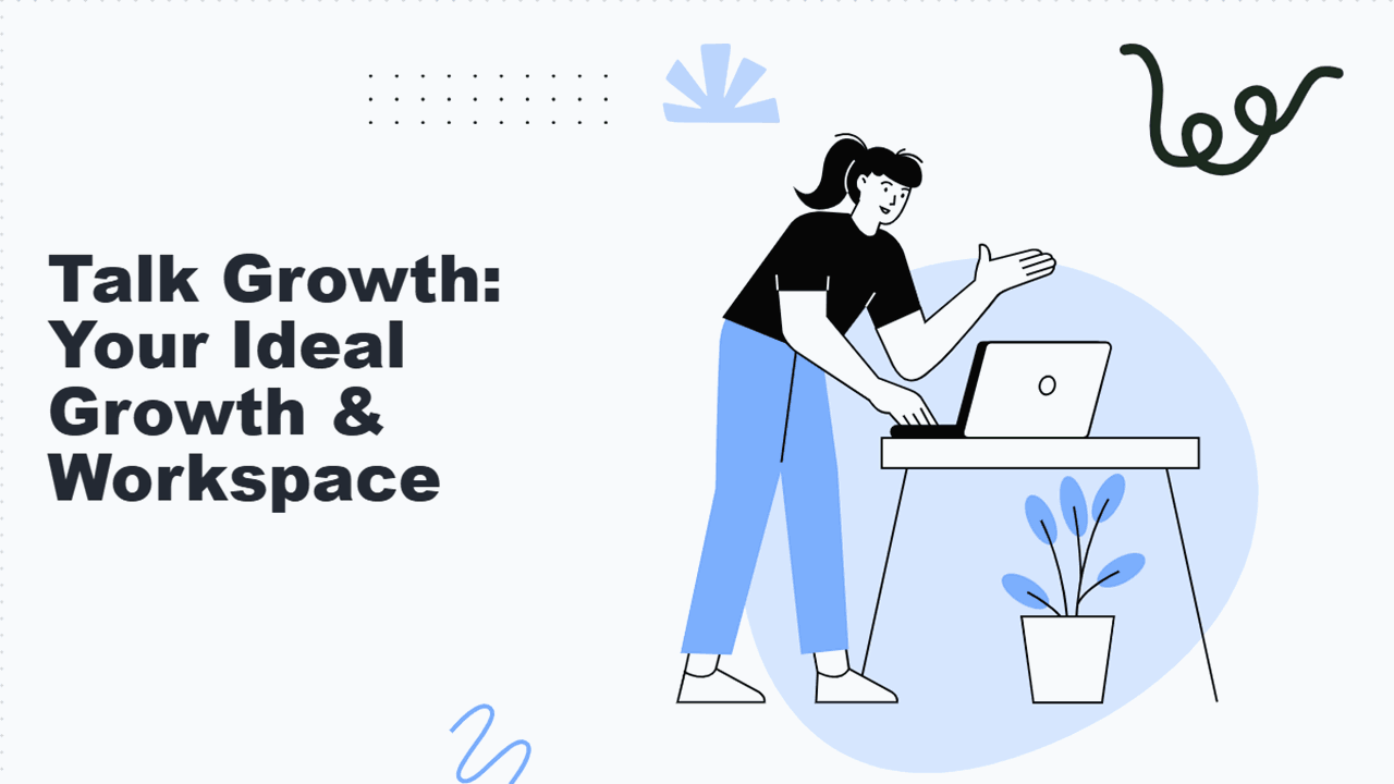 Growth workspace poll slide with professional, laptop, and workplace discussion theme.