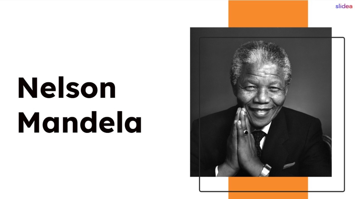Nelson Mandela with portrait, bold title, orange accent, black frame, and white background.