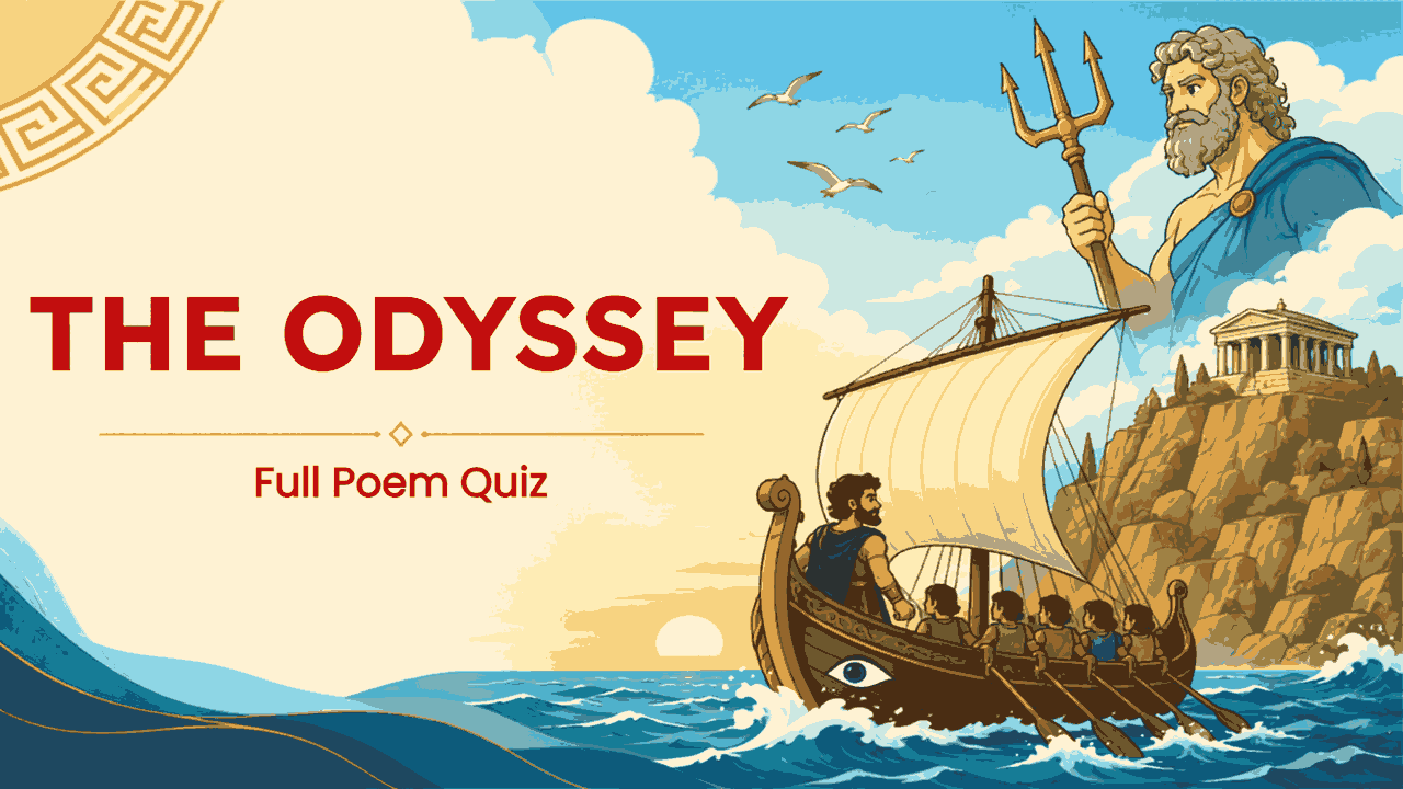 The Odyssey quiz slide with Odysseus, Greek ship, sea, and Poseidon illustration.