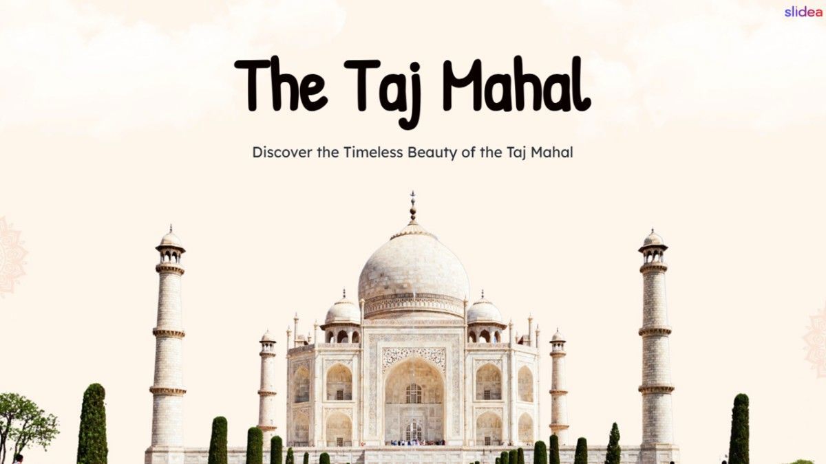 The Taj Mahal with white marble monument, four minarets, trees, and bold title.