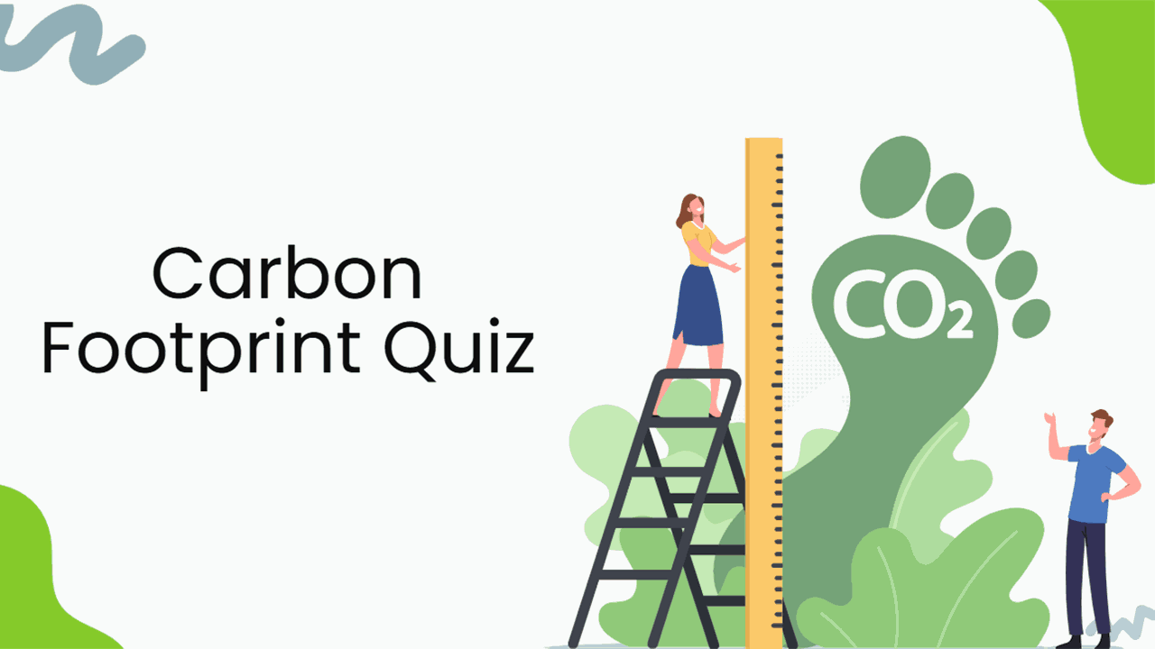 Carbon footprint quiz slide with CO₂ footprint, ruler, and sustainability theme.