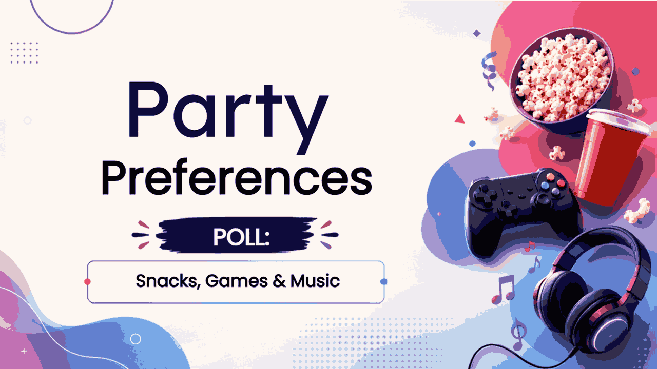 Party preferences poll featuring snacks, gaming controller, popcorn, music headphones, and drinks.