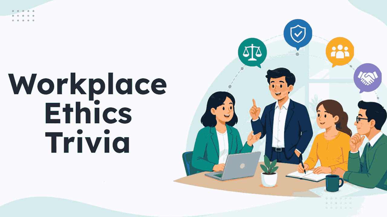 Workplace ethics trivia featuring a corporate team discussing integrity and ethical decisions.