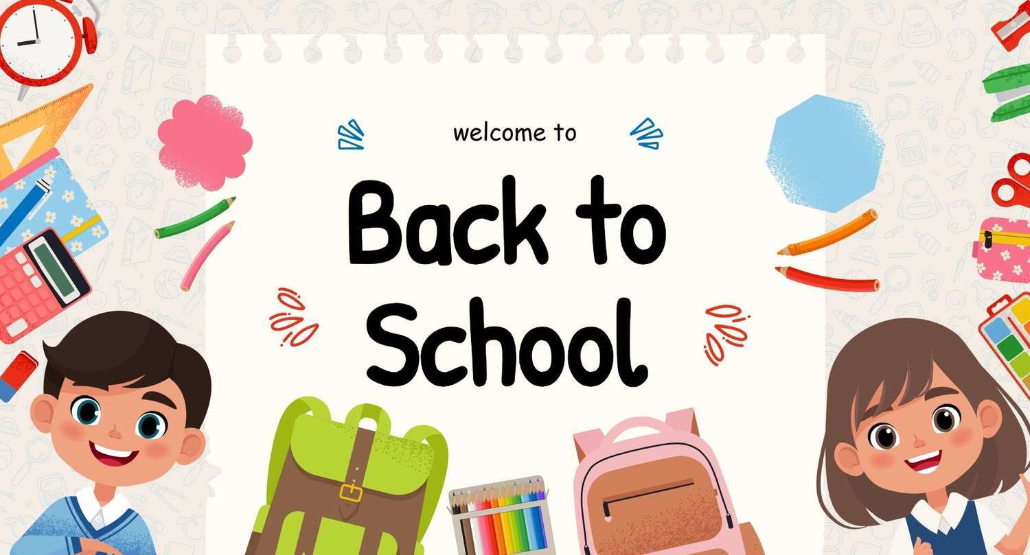 Back to School slide with happy students, school supplies, and a colorful classroom theme.