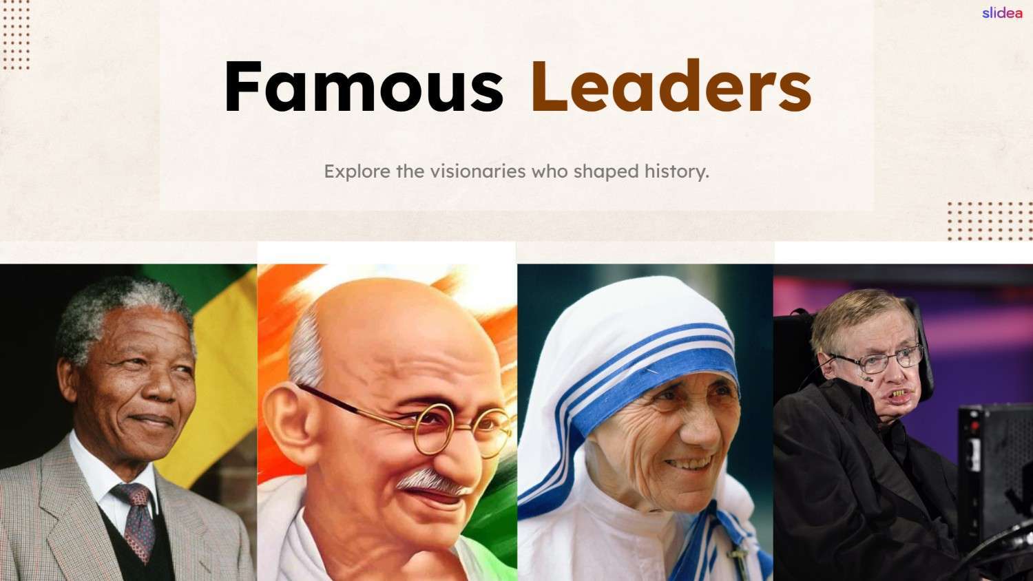 Famous Leaders cover with iconic leader portraits and elegant cream-themed modern layout.
