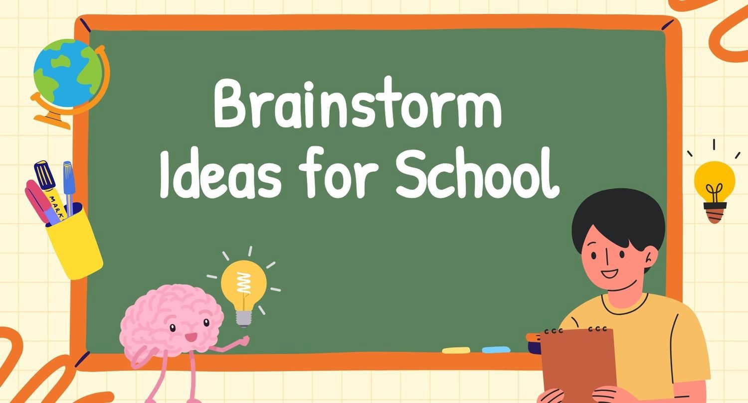 School brainstorming slide with chalkboard, globe, student, brain, and colorful classroom icons.