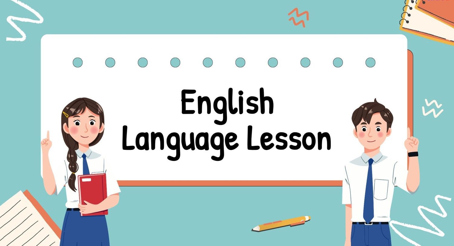 English lesson slide with students, notebook panel, pen, and colorful classroom theme.