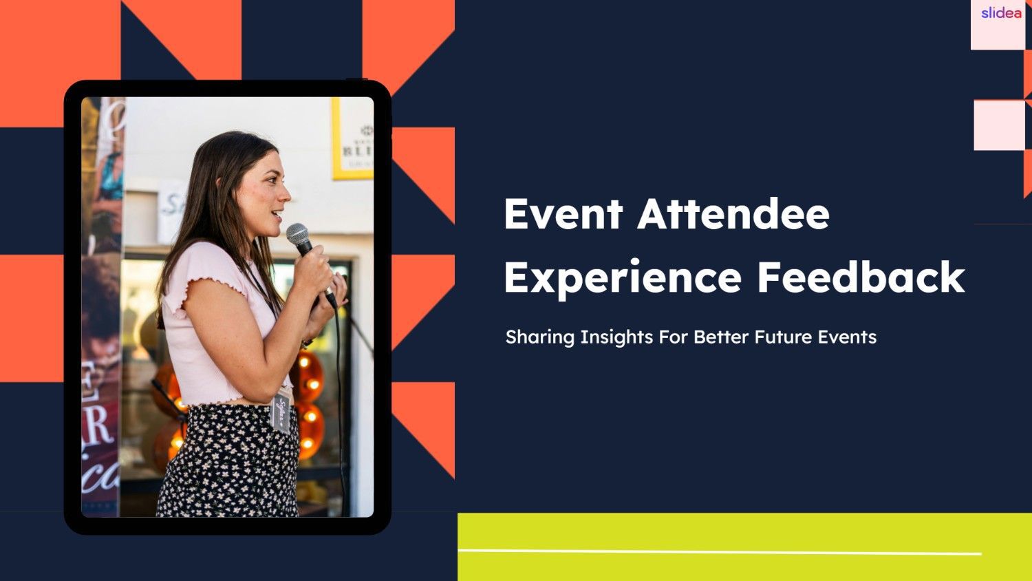 Event Attendee Experience Feedback cover with speaker photo and modern navy-themed layout.