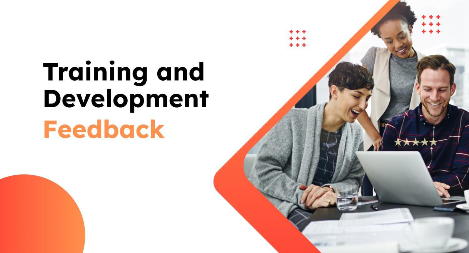 Training And Development Feedback cover with team photo and clean white-orange modern layout.