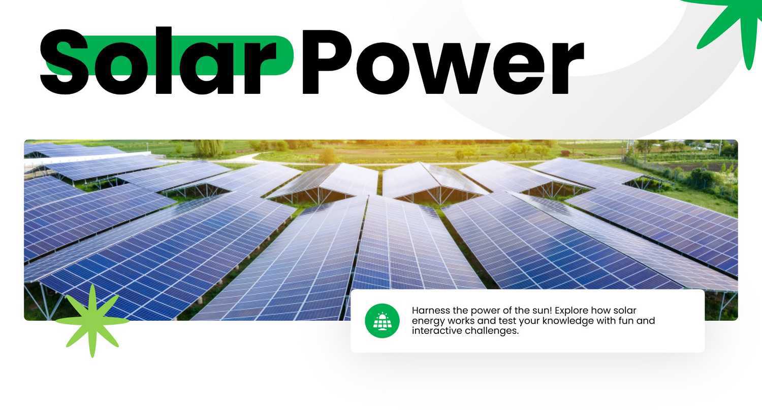 Solar energy quiz slide with engineer, solar panels, and wind turbine graphics.