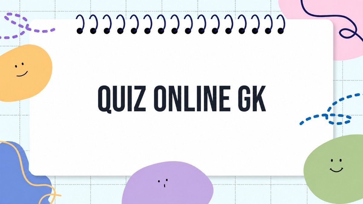 Quiz Online GK slide with a white notebook frame, pastel shapes, doodles and blue grid.