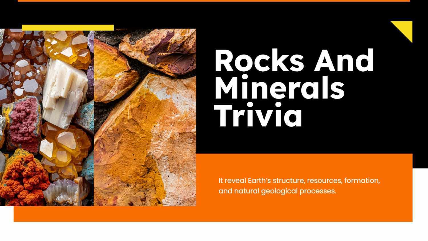 Rocks And Minerals Trivia cover with a large rock, brown header, and clean gray layout.