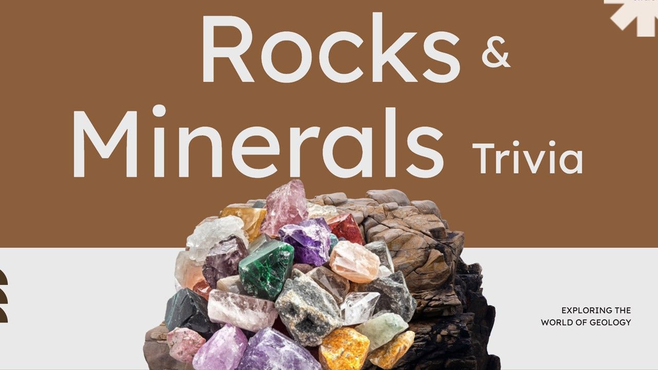 Rocks And Minerals Trivia cover with a large rock, brown header, and clean gray layout.