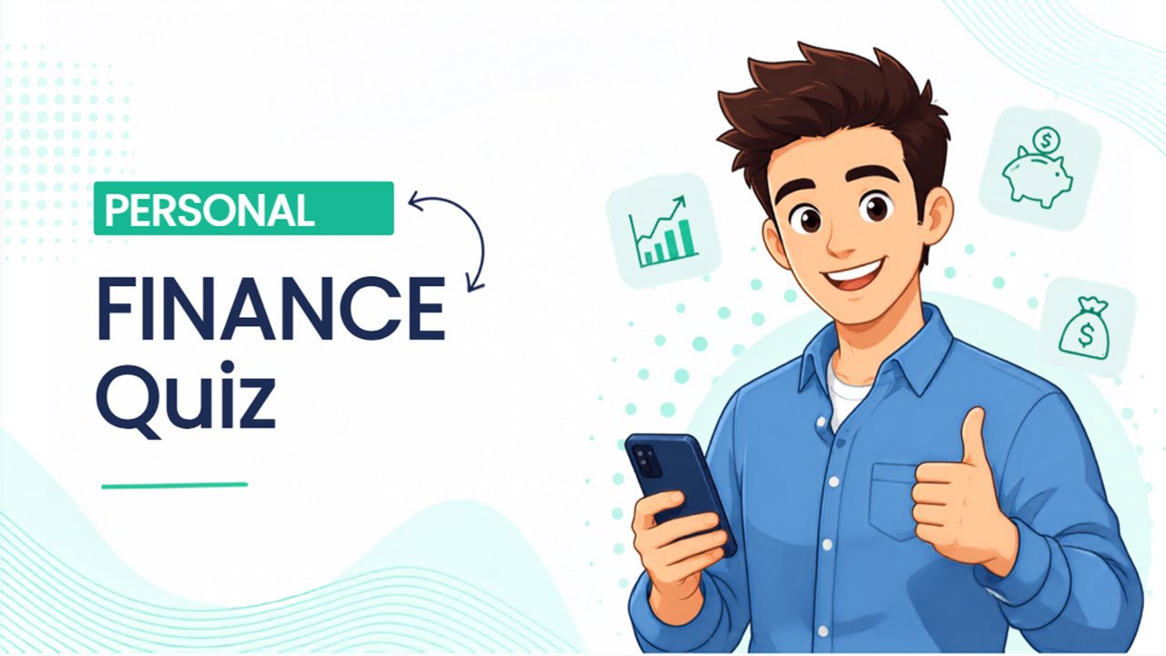 Personal Finance Quiz featuring a young man with financial icons for saving and money management.