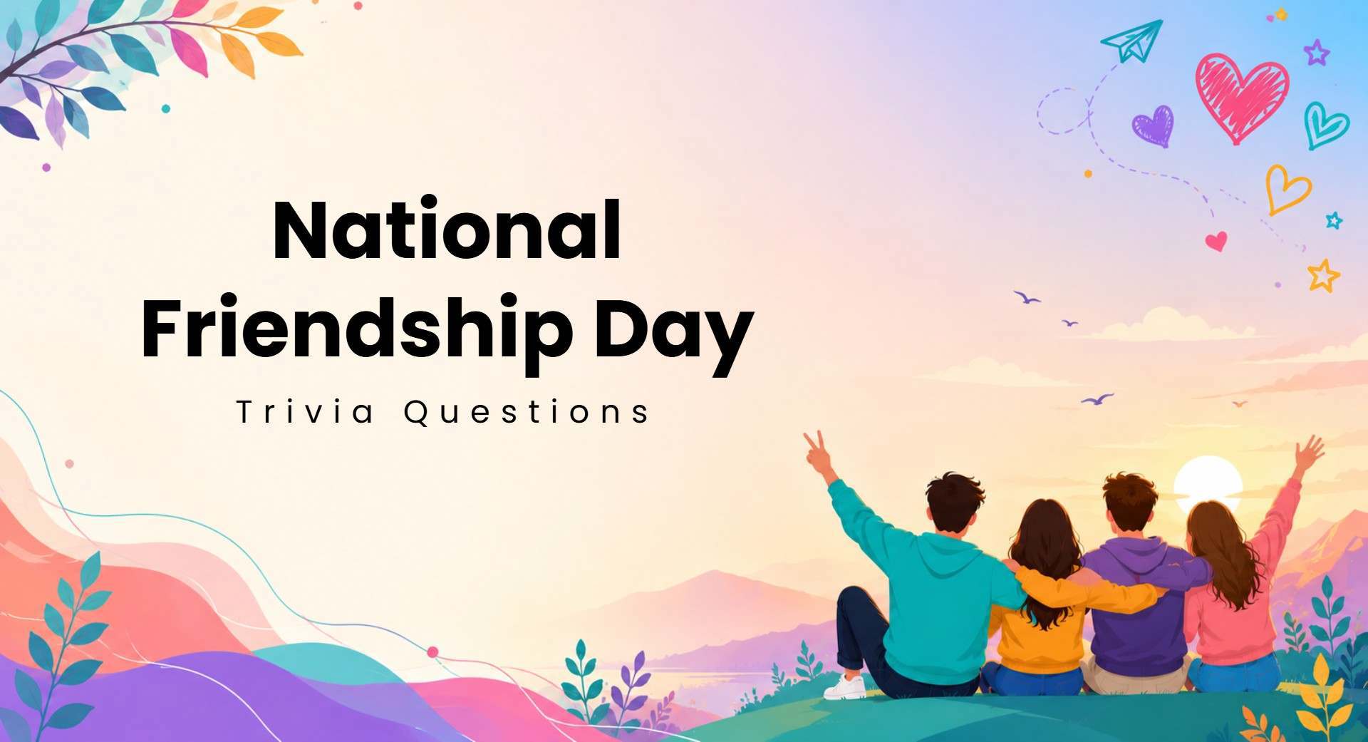 National Friendship Day Trivia with friends, sunset mountains, hearts, stars, and colorful shapes.