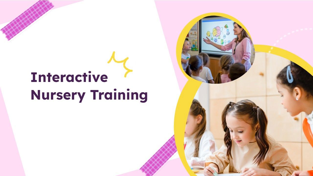 Interactive Nursery Training cover with children photos, pink theme, and playful modern layout.