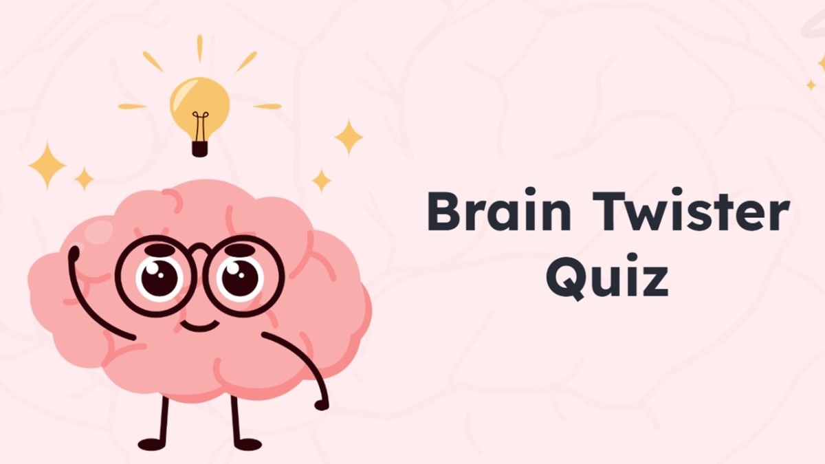 Brain Twister Quiz with cartoon brain, light bulb, pink background, and bold title design.