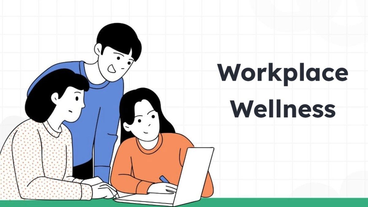 Workplace Wellness with coworkers, laptop, white grid theme, green bar, and bold title.