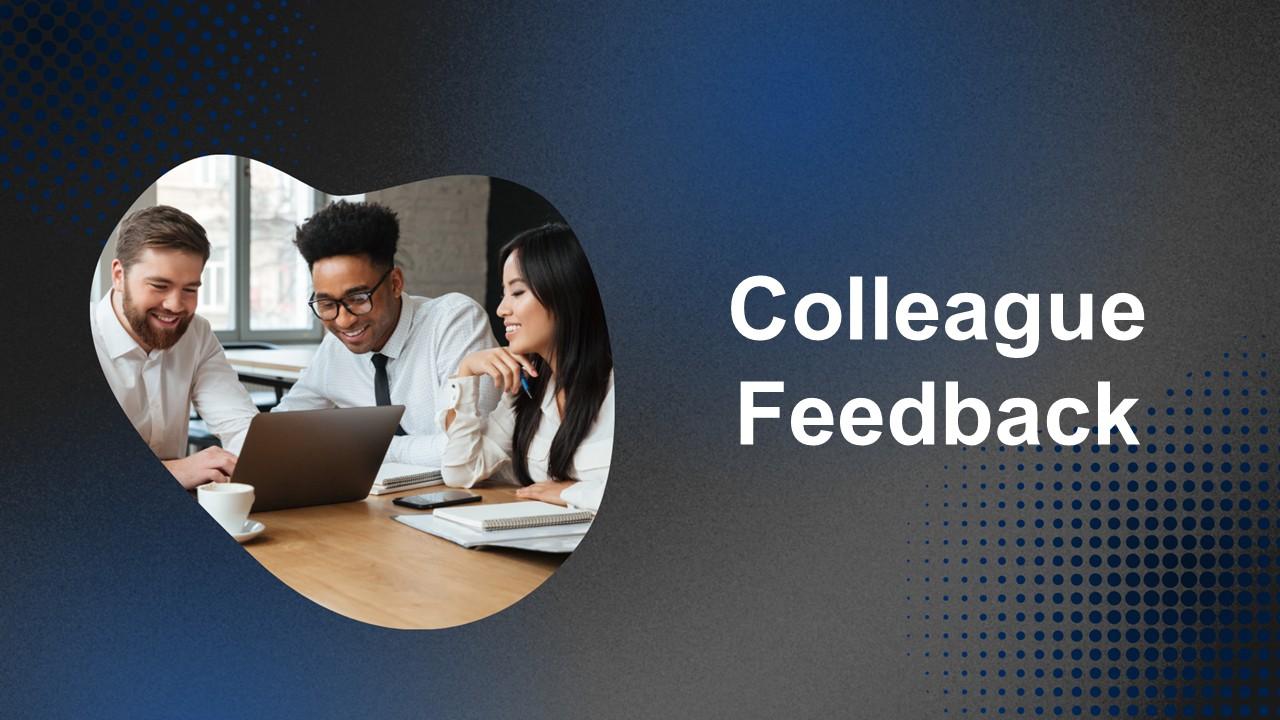 Colleague feedback template with blue gradient background, dotted pattern, and team discussing la...