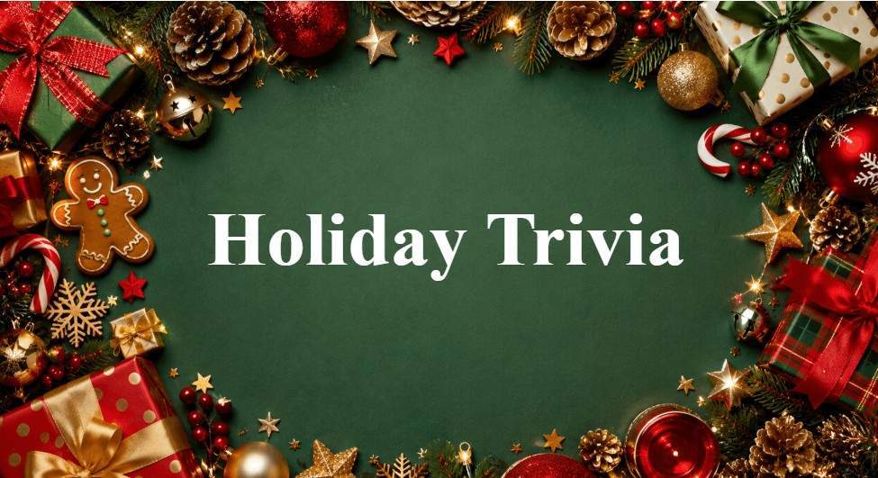 HolidayTrivia slide with festive gifts, ornaments, pinecones and Christmas themed decorations