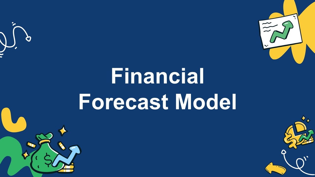 Financial forecast model template with dark blue background, growth icons, money bag, arrows and ...