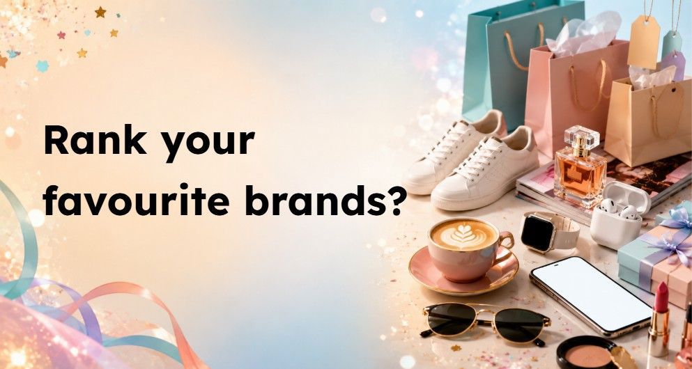 Rank your favourite brands? slide with shopping bags, fashion items and lifestyle products
