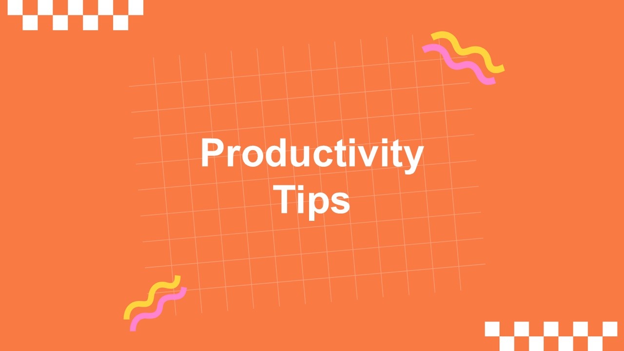 Productivity tips template with white title on orange background, grid pattern, wavy accents, and...