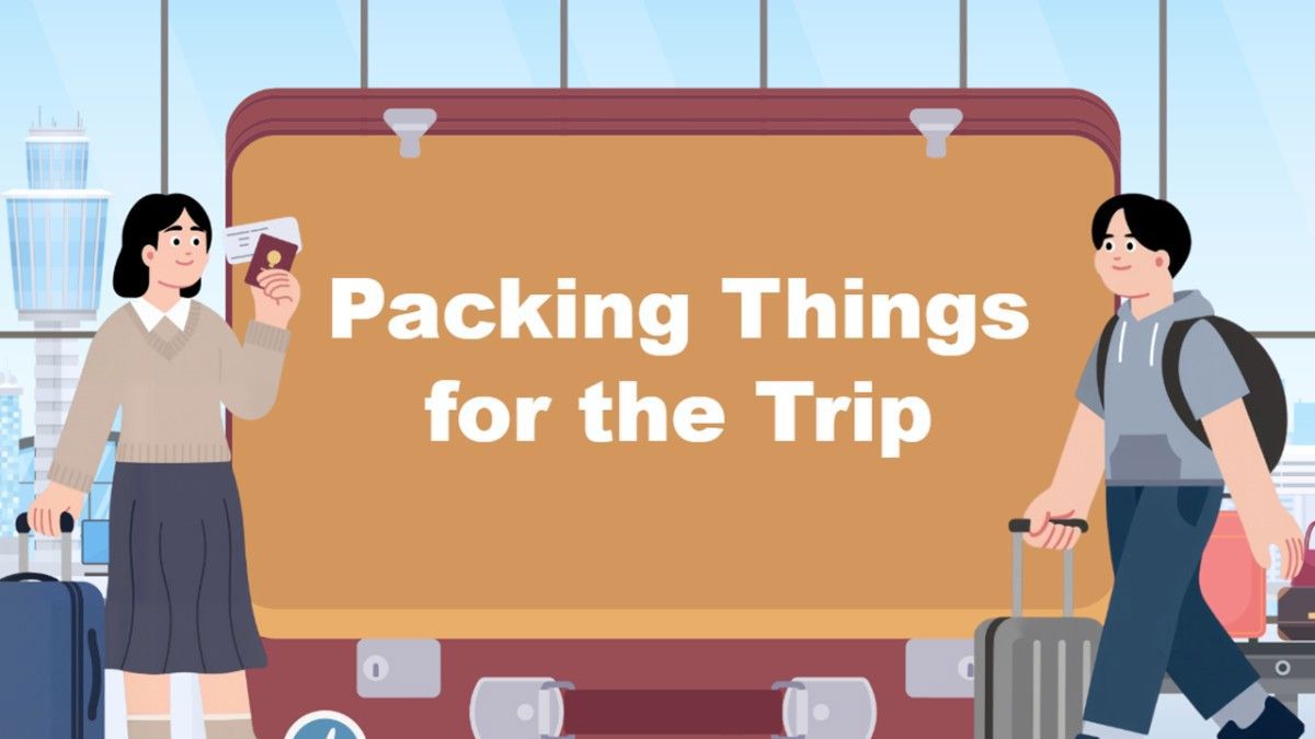 Packing Thing For The Trip with travelers, luggage, passport, and airport-themed design.