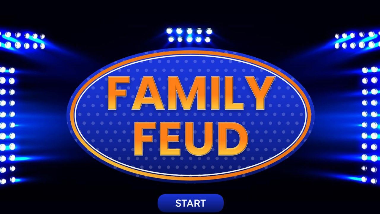 Family Feud Quiz Trivia slide with blue game board, spotlights, and bold title text.