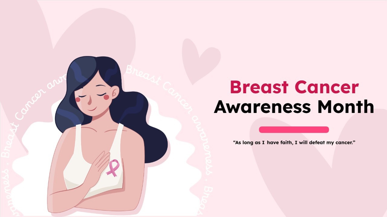 Breast Cancer Awareness Month slide with pink theme, ribbon illustration, and awareness message.