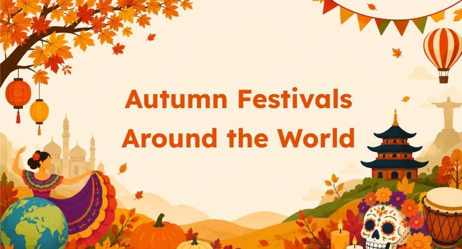 Autumn Festivals Around the World slide with fall leaves and global festival icons
