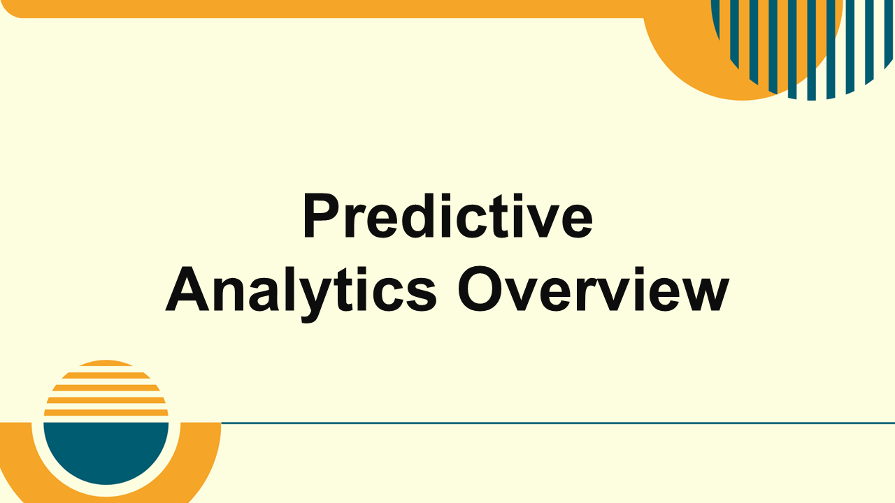 Predictive analytics overview template with light cream background, orange curves, teal accents, bold text, explaining data forecasting.