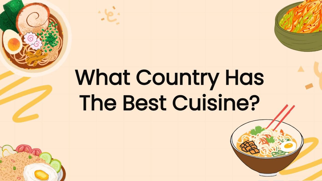 Cuisine-themed slide with illustrated dishes, noodle bowls, and a warm beige food design.