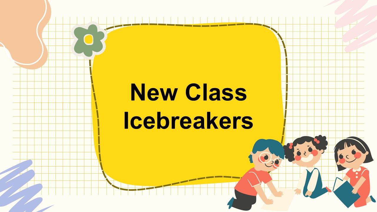 New class icebreakers template with bright yellow panel, grid background, cute kids illustrations...