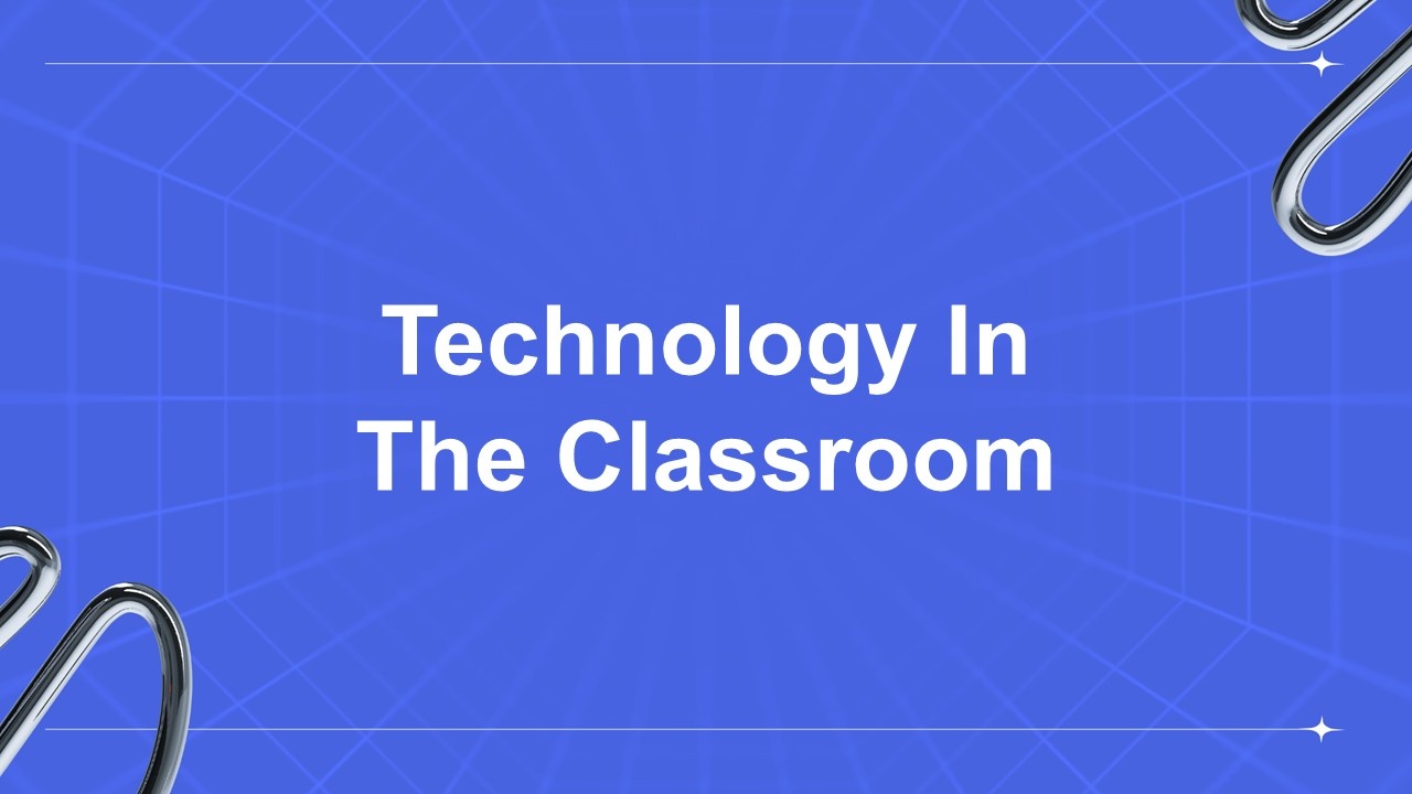 Technology in the classroom template with blue grid background, white title text, and metallic sh...