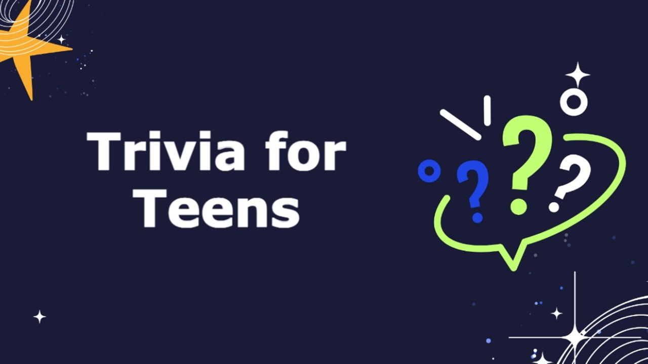 Trivia for teens slide with dark blue background, stars, neon question marks, and title text, sho...