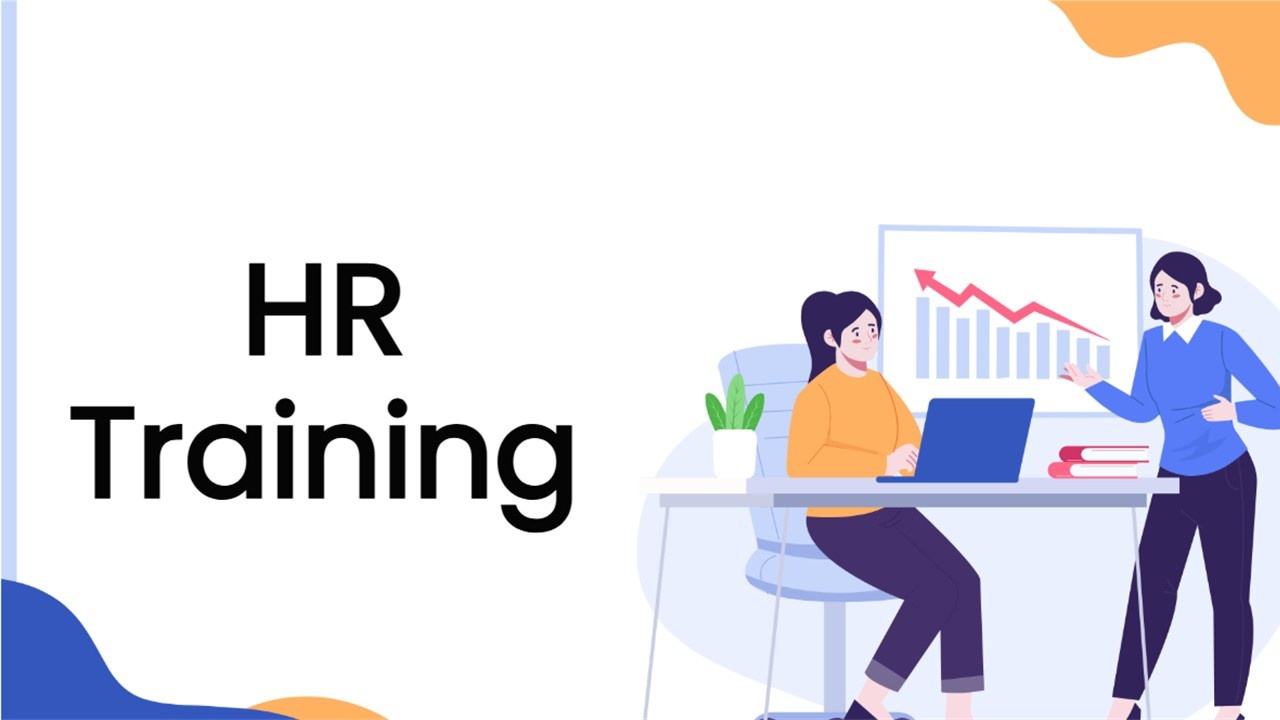 HR Training Template slide with office meeting, chart, laptop, and clean blue layout.