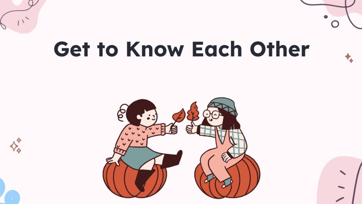 Get to Know Each Other with friends, pumpkins, autumn leaves, and a soft pastel theme.