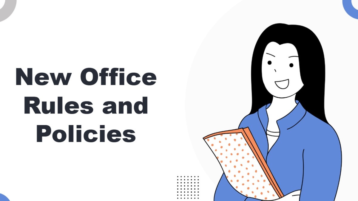 What’s Your Take on the New Rules and Policies? with employee, file, gray theme, and bold title.